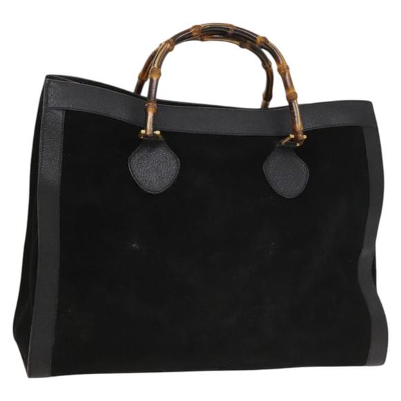 GUCCI Bamboo Hand Bag Suede Leather Black Gold Auth 131557 - Picture 1 of 16